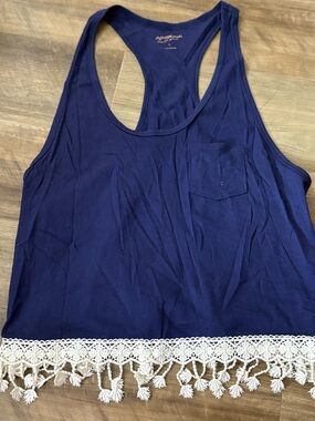 Aeropostale Navy Tank Top with Cream Crochet Tassel Hem